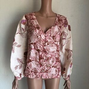 Tahari Tropical Floral 100% Linen Blouse Women’s Size L Bohemian Style Shirt Top